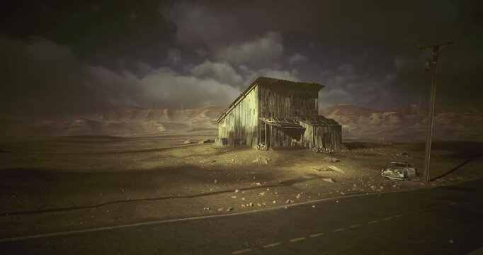 Abandoned haven during sunset time, Deserted refuge at golden sunset with scavenger searching and makeshift repair materials scattered around