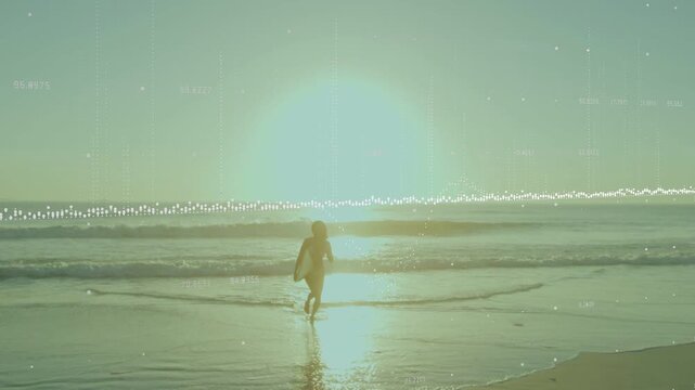 Low sun glare drawing woman carrying surfboard, preparing for surfing, shifting to running back