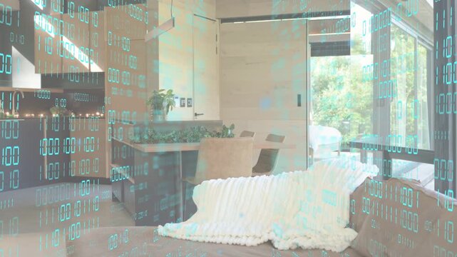 Playback starting, sofa with white throw sitting, teal binary streaming across room for tech mood
