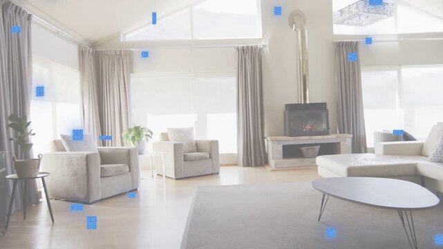 Camera panning living room right on start, blue squares emerging and overlaying sofa for design