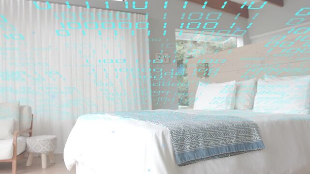 Made bed sitting centered while camera panning left and teal digits drifting, showcasing tech