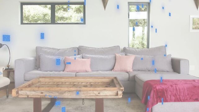 Sofa and wood-table sitting as blue squares appearing at top passing over them forming data overlay