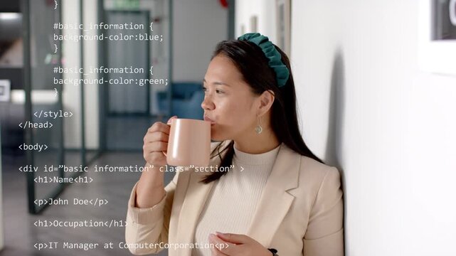 Woman raising mug and sipping, causing HTML or CSS profile overlay expanding for office hiring revie