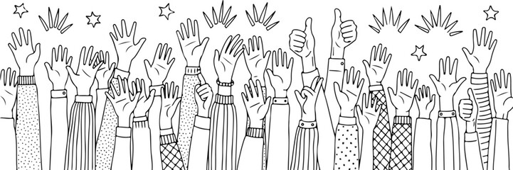 Fototapeta premium A vibrant hand drawn black and white illustration showcasing a diverse group of hands enthusiastically raised high, symbolizing celebration, unity, applause, and active participation in a joyful event