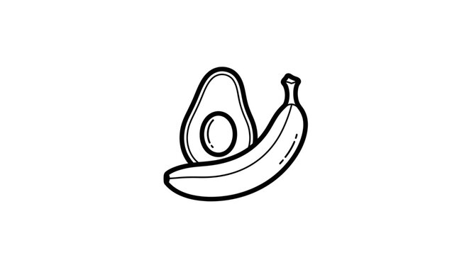 Simple black and white line art illustration of a ripe avocado half with a pit and a whole banana. Healthy fruit icon for diet and nutrition.