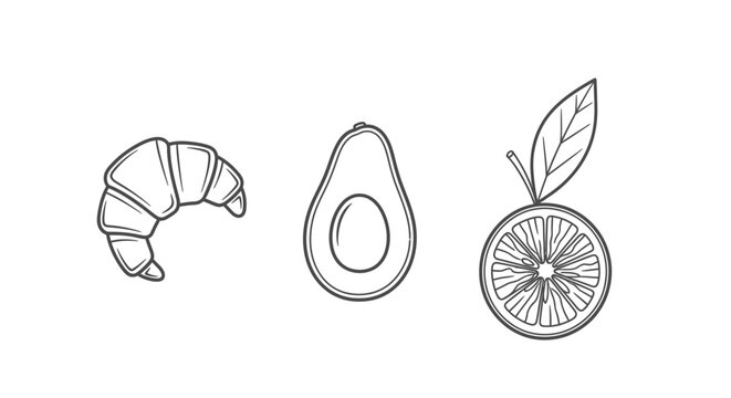 Minimalist line art icons of croissant, avocado, and orange slice. Healthy breakfast and fresh food elements vector illustration.