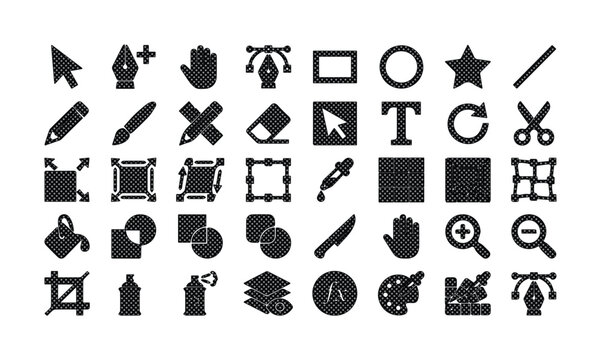 Graphic design software icons set, 48 black vector toolbar symbols, creative editing tools for digital illustration and photo manipulation