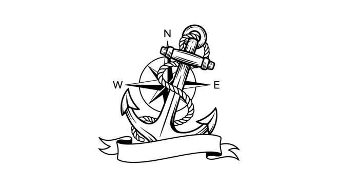 Nautical anchor and compass rose illustration with blank banner. Vintage marine travel and adventure symbol on white background.