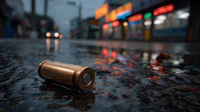 Wet asphalt bullet casing close up rain drop street urban reflective surface metal ammunition shell casing dark water bokeh night abandoned danger crime violence forensic outdoors pavement road