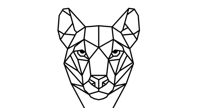 Geometric cougar head line art illustration. Polygonal wild cat, puma, or mountain lion face in minimalist black and white vector design.