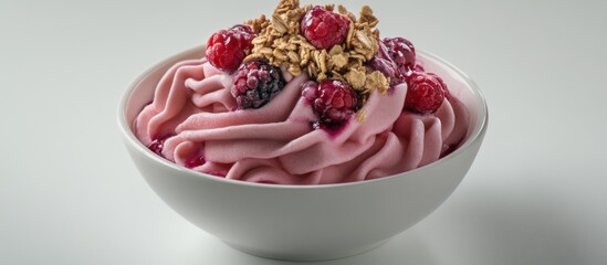 Naklejka premium Pink Frozen Yogurt Bowl with Fresh Raspberries, Blackberries, and Granola