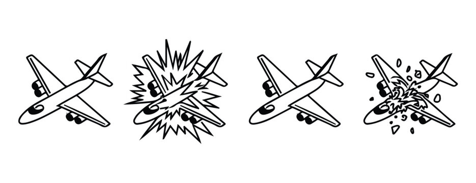 Passenger airplane midair collision sequence icon set for aviation accident investigation.