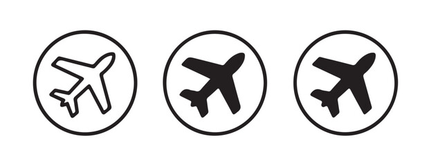 Set of black airplane silhouettes tilted inside round borders for flight tracking and apps. © MDABDUR