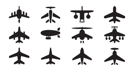 Set of plane icons, transport airplane, civil aircraft, military aircraft, airship, helicopter. © MDABDUR