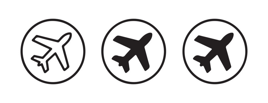 Set of black airplane silhouettes tilted inside round borders for flight tracking and apps.