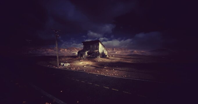 Old hut lit by lightning, Ruined cabin glows with lightning strikes, Weathered cottage illuminated by flashes as turbulent weather unfolds overhead