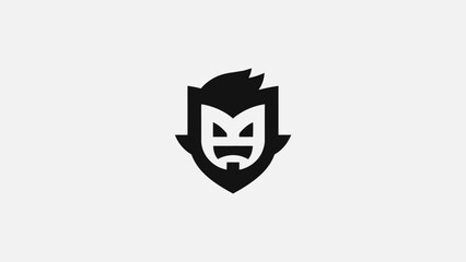 Fototapeta premium Minimalist black and white logo featuring a stylized, fierce character face with spiky hair and a beard, enclosed within a shield shape, representing strength and identity.