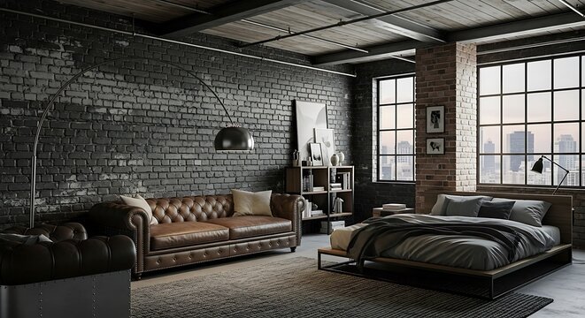 A modern industrial loft with a large bed and a brown leather couch in front of a brick wall
