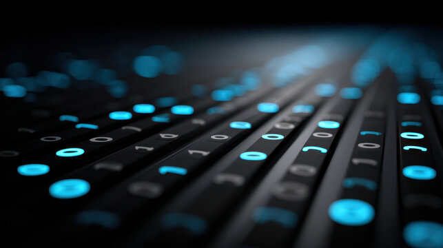 Digital data stream with glowing blue binary code on dark background, abstract virtual technology concept
