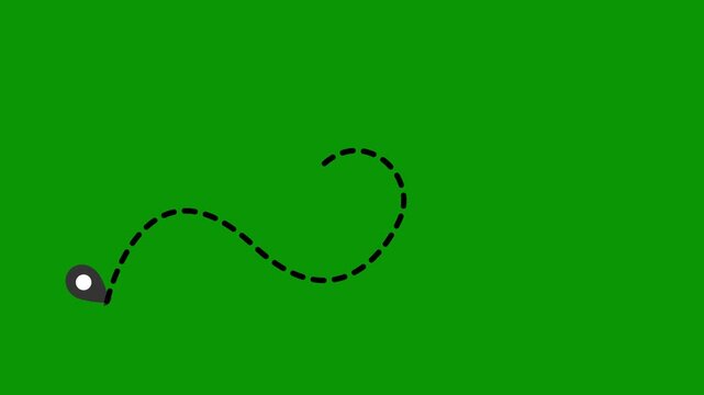 Flight navigation animation, dotted travel route with plane icon, two pins connection path, green background clean minimal motion graphics, seamless loop 4k animation.