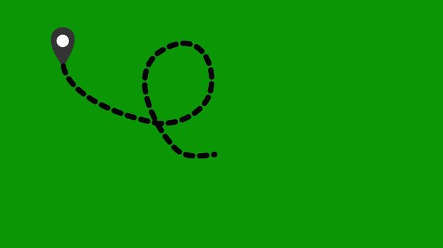 Flight navigation animation, dotted travel route with plane icon, two pins connection path, green background clean minimal motion graphics, seamless loop 4k animation.
