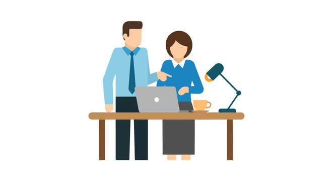 A man and a woman in professional attire collaborate on a project while looking at a laptop computer on a desk in a flat vector style.