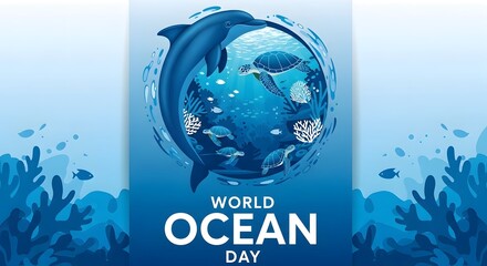Obraz premium World ocean day poster with dolphin and sea turtle