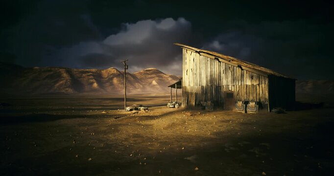 twilight sentinel shack guarding empty plain, weathered exterior bathed in narrow beam of light, towering clouds and distant ridge, cinematic isolation