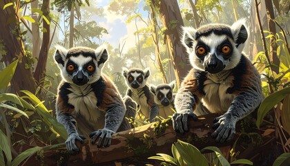 Fototapeta premium Three lemurs on a tree branch in a forest