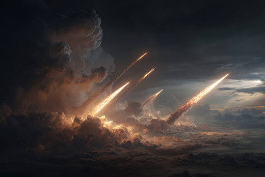Rocket launch over storm cloud, fiery missile trails in dark sky