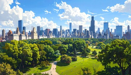 Fototapeta premium A serene city park with lush greenery and skyscrapers