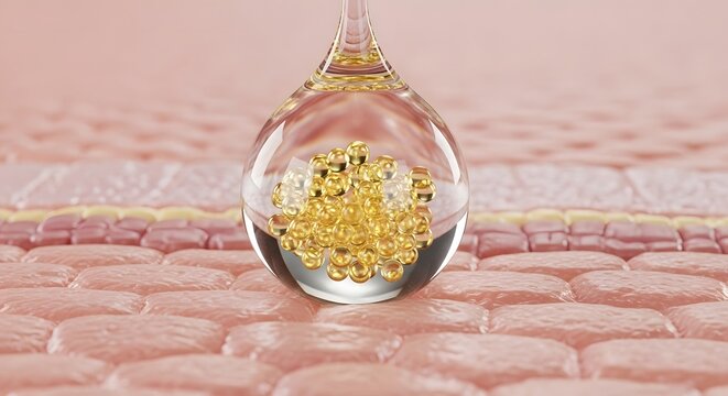 3d render of a cosmetic serum drop containing golden active ingredient microcapsules penetrating into human skin layers