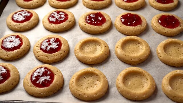 Thumbprint cookies with red jam on baking sheet
