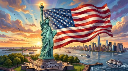 Naklejka premium Statue of liberty with american flag and new york skyline. Perfect for patriotic and independencethemed designs such as posters and social media posts.