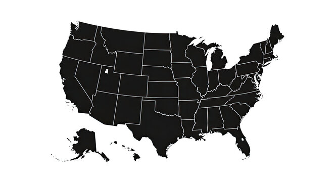 Outlined vector map of the United States of America highlighting all states presented in simple black and white design on clear backdrop