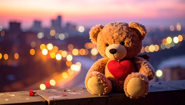 A stuffed, brown teddy bear with a red heart sits on a ledge overlooking a city at sunset. Bokeh lights softly blur in the distance