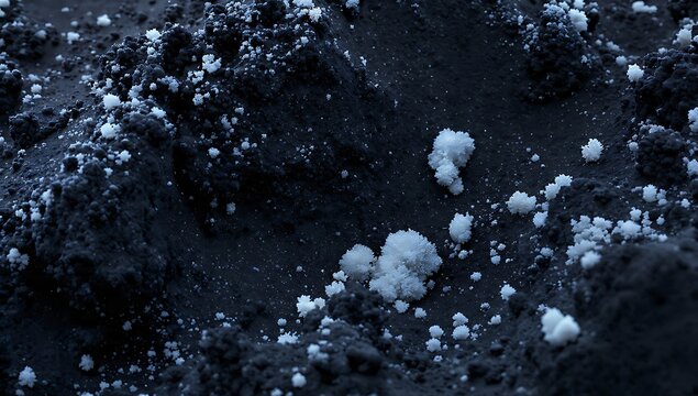 Abstract 3D render of volcanic ash and white mineral crystals. Cinematic macro texture of dark basalt soil and salt deposits, showcasing a rugged, alien planetary surface and geology.