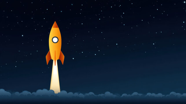 Golden rocket launching into starry sky, symbol of goal and ambition