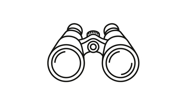 Black and white outline binoculars icon. Flat line art vector graphic for exploration, observation, discovery, and search.
