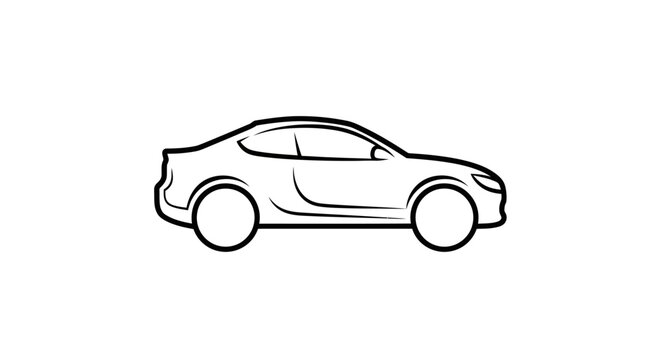 Simple line art drawing of a generic modern sedan car. Black and white vector illustration of an automobile icon.