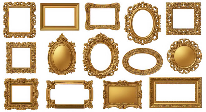 A collection of ornate gold picture frames isolated on transparent background