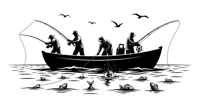 Four men fishing from a boat on the water with birds flying above.