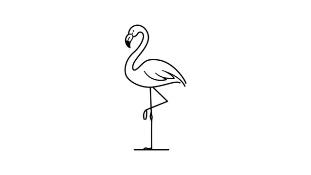 Minimalist black line vector icon illustration of a flamingo standing on one leg, hand-drawn style on a white background, clean scalable SVG graphic for modern design projects and branding.