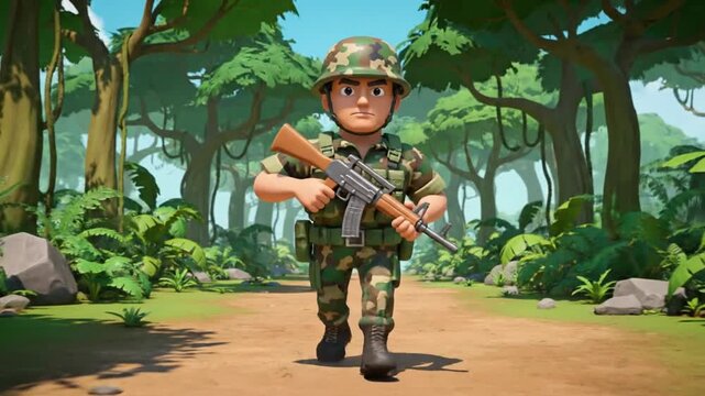A cartoon-style soldier in camouflage uniform walks forward through a bright jungle path, holding a rifle. The scene features vibrant colors, simplified shapes, and a playful, game-like animation styl
