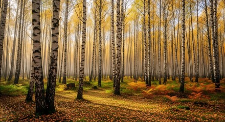 Obraz premium Golden autumn forest a fall landscape with birch trees and vibrant foliage