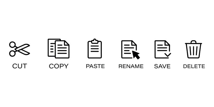 Computer file management cut copy paste rename save delete in white background
