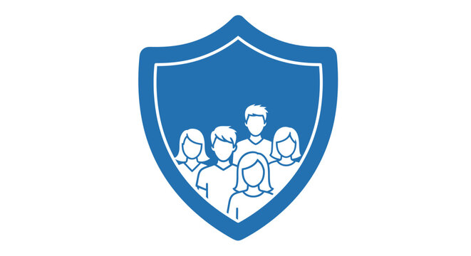 Group of people protected by a blue shield icon.