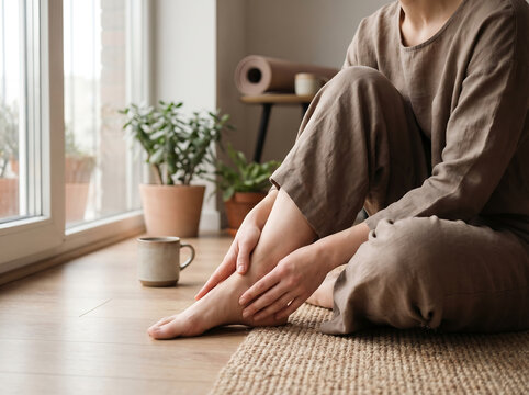 Woman in Comfortable Linen Loungewear Sitting on the Floor at Home and Massaging Her Foot During a Relaxing Morning