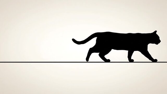 Black silhouette of a cat walking on a thin wire.