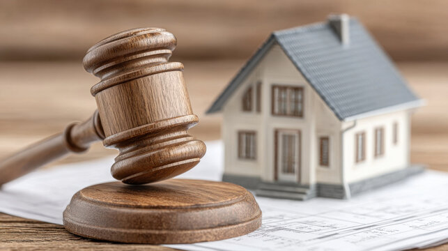Real estate law wooden gavel house model blueprint property legal court auction mortgage home